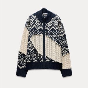 NWT Zara Cable Knit Jacquard Sweater Cardigan in Ecru/Blue - Medium